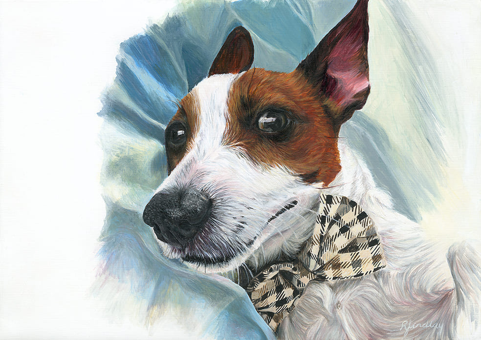 This is an acrylic painted portrait of a Jack Russell dog wearing a bow tie.