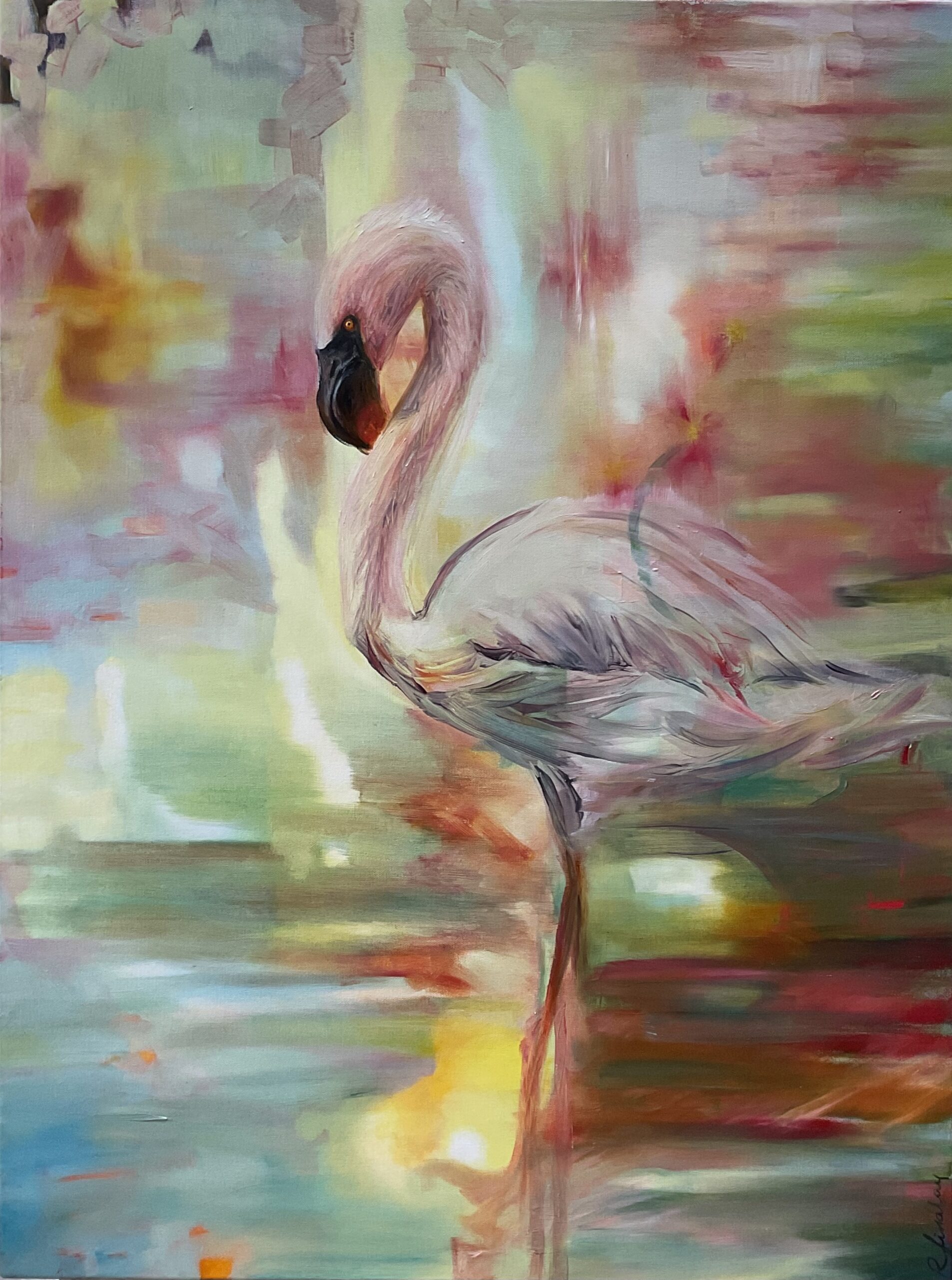 This is an oil and acrylic painting of a flamingo on an abstract background.