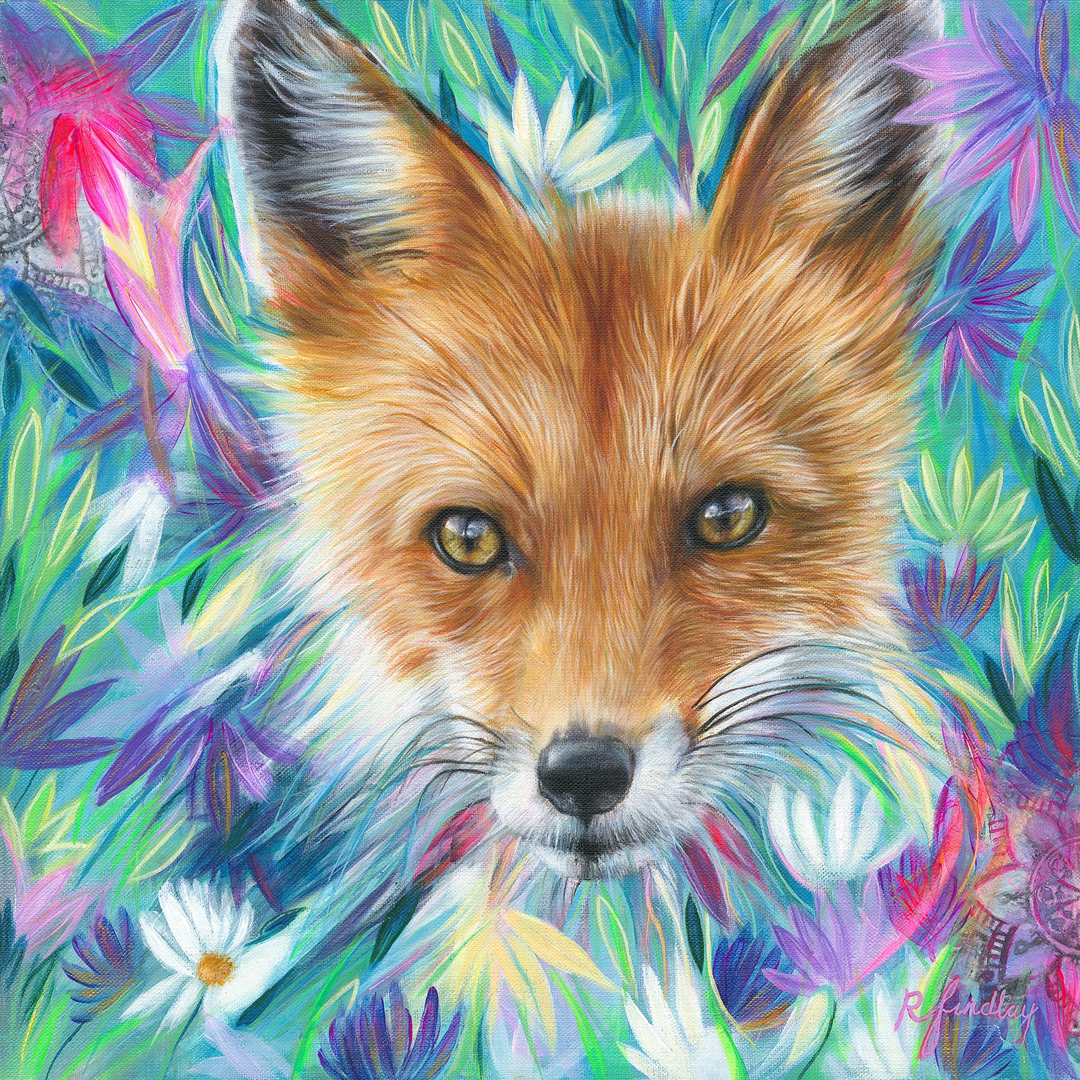 This is a colourful painting of a red fox surrounded by flowers.
