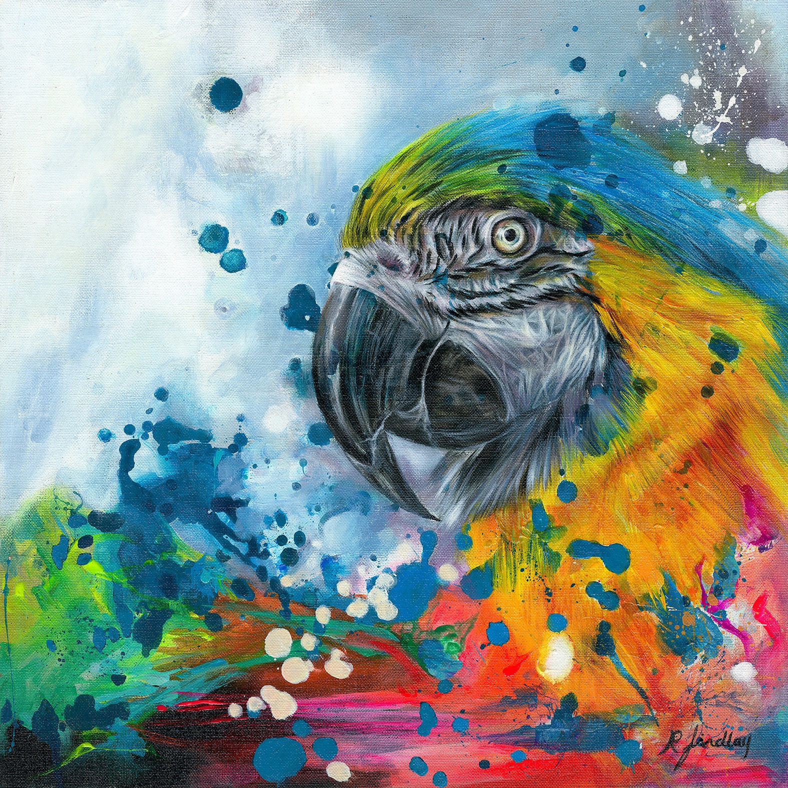 This is a colourful painting of a blue and yellow Macaw with elements of realism and abstraction.